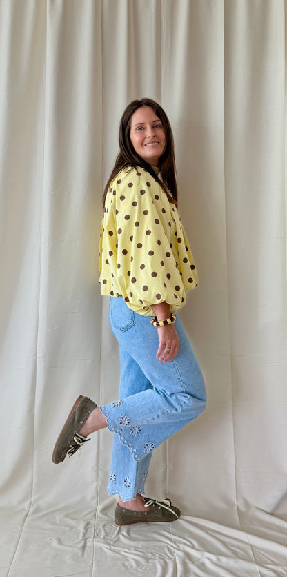 Polka dot backless blouse geel