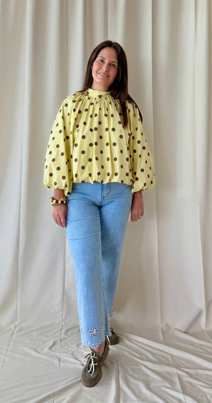 Polka dot backless blouse geel