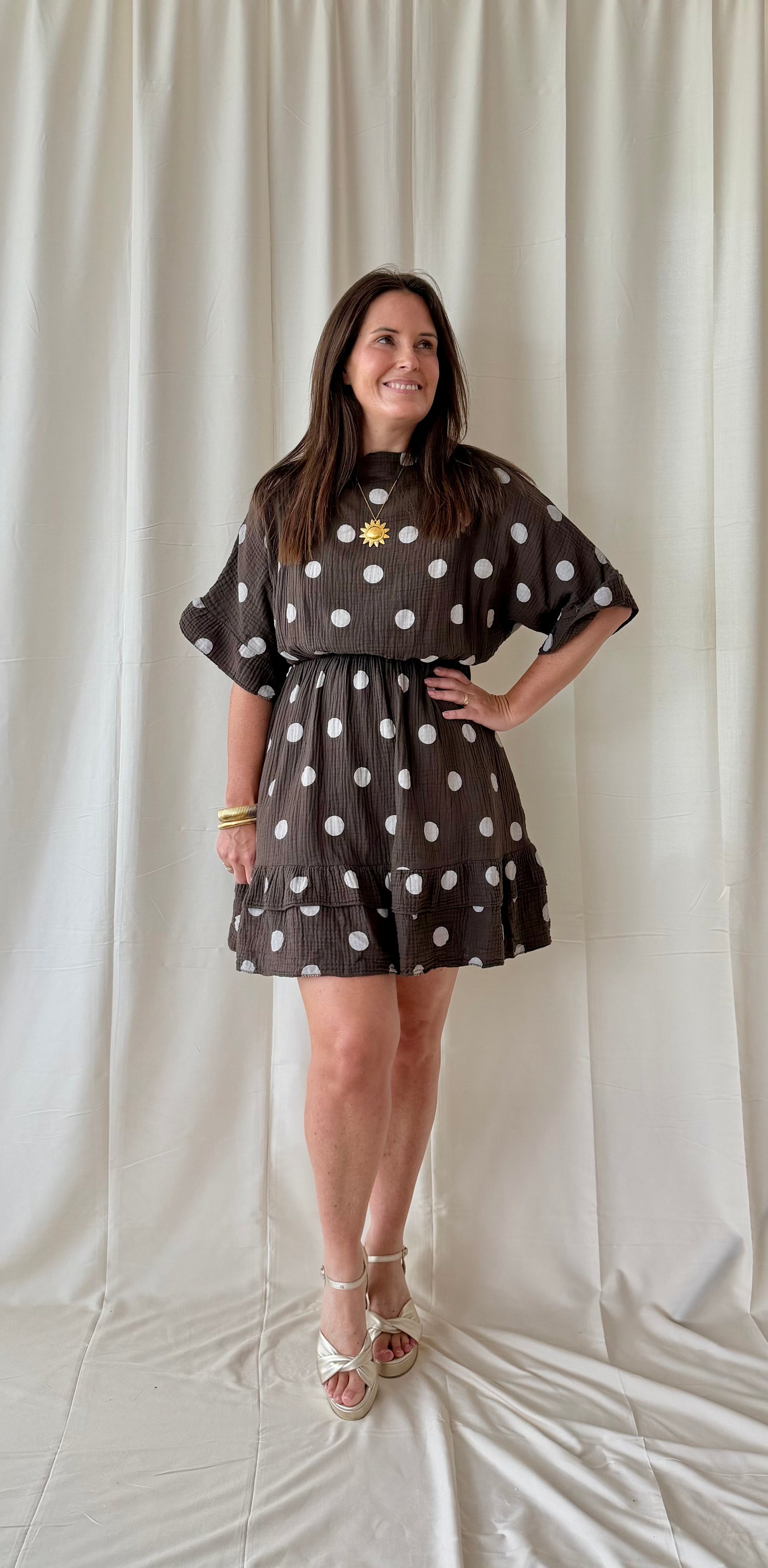 Chocolade bruine korte tetra jurk met stippen - My Dressing