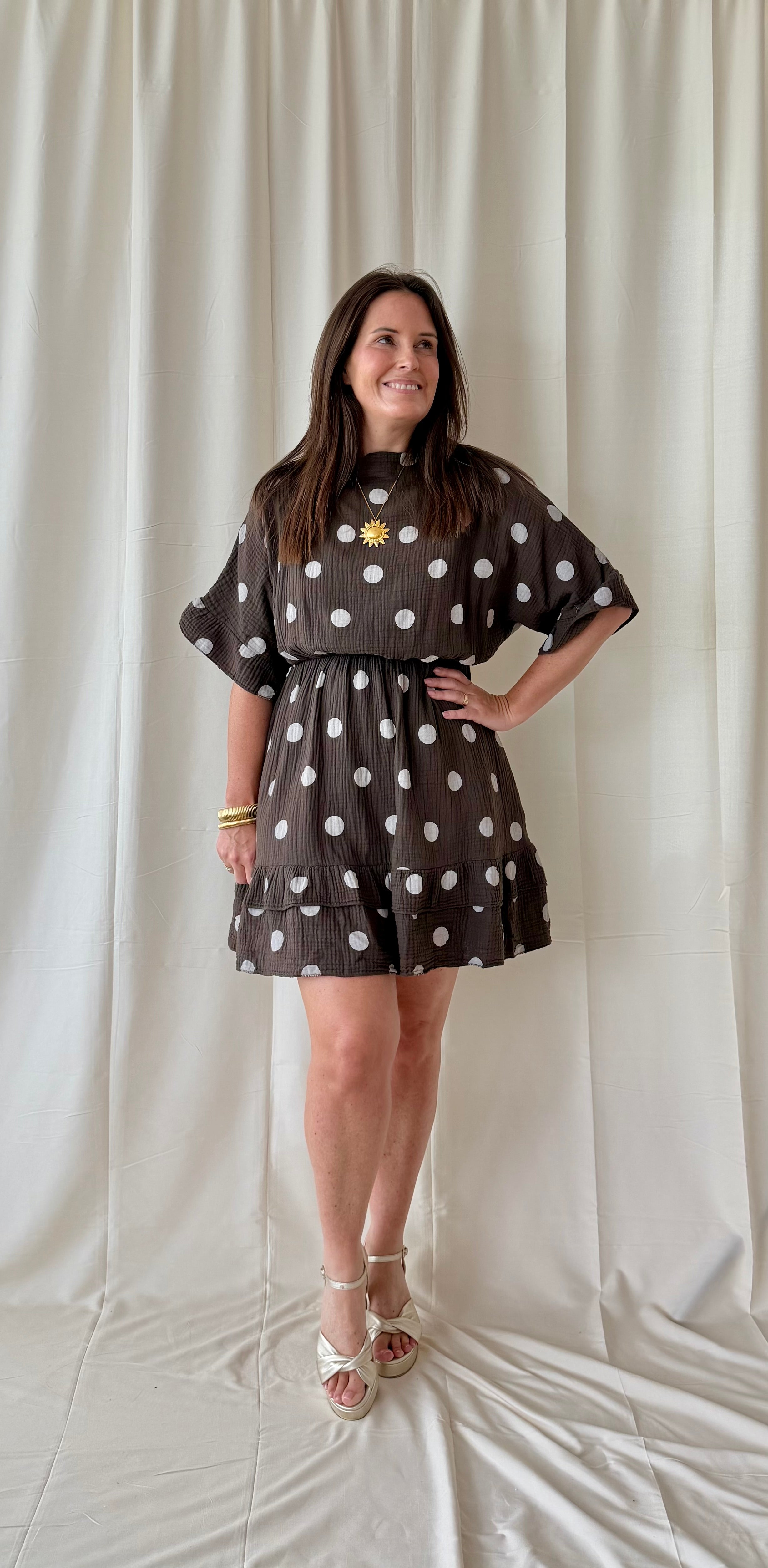 Chocolade bruine korte tetra jurk met stippen - My Dressing