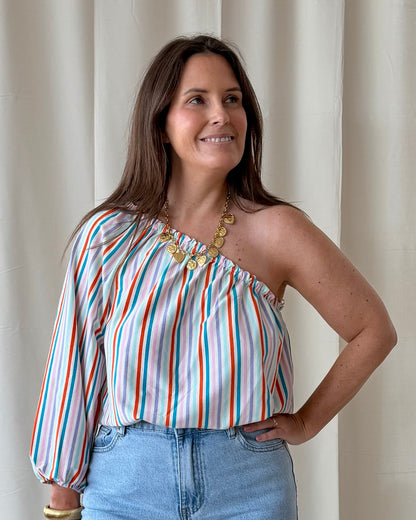 One shoulder gestreepte top