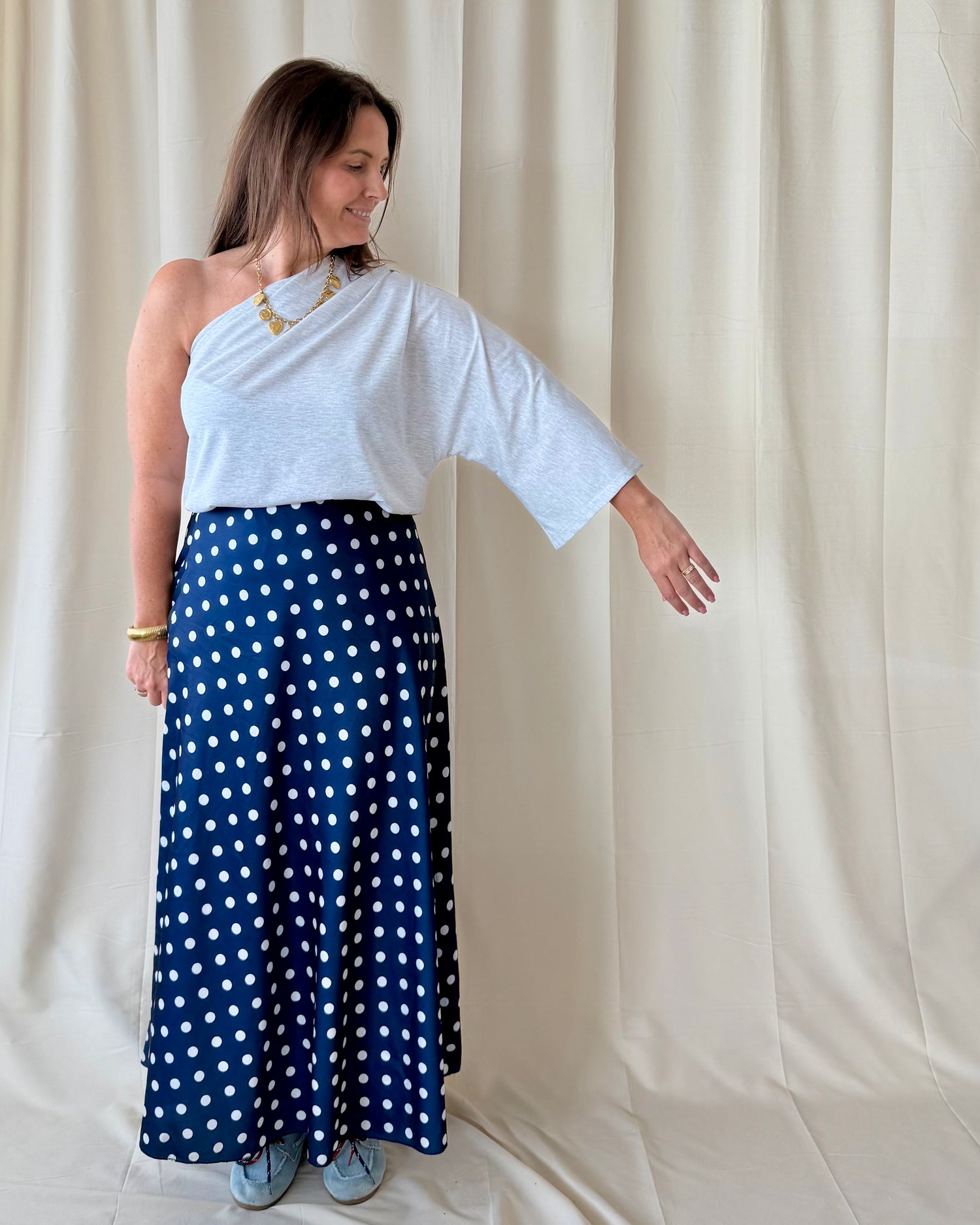 One shoulder top grijs