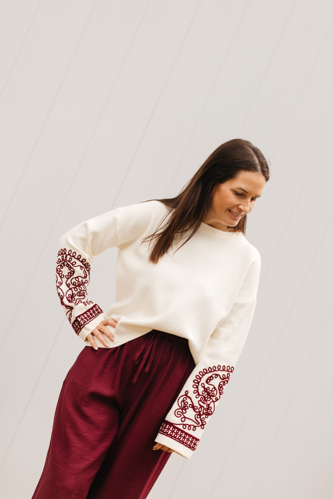 Geborduurde trui dames – elegante wintertrui met wijde mouwen en zachte stof bij My Dressing