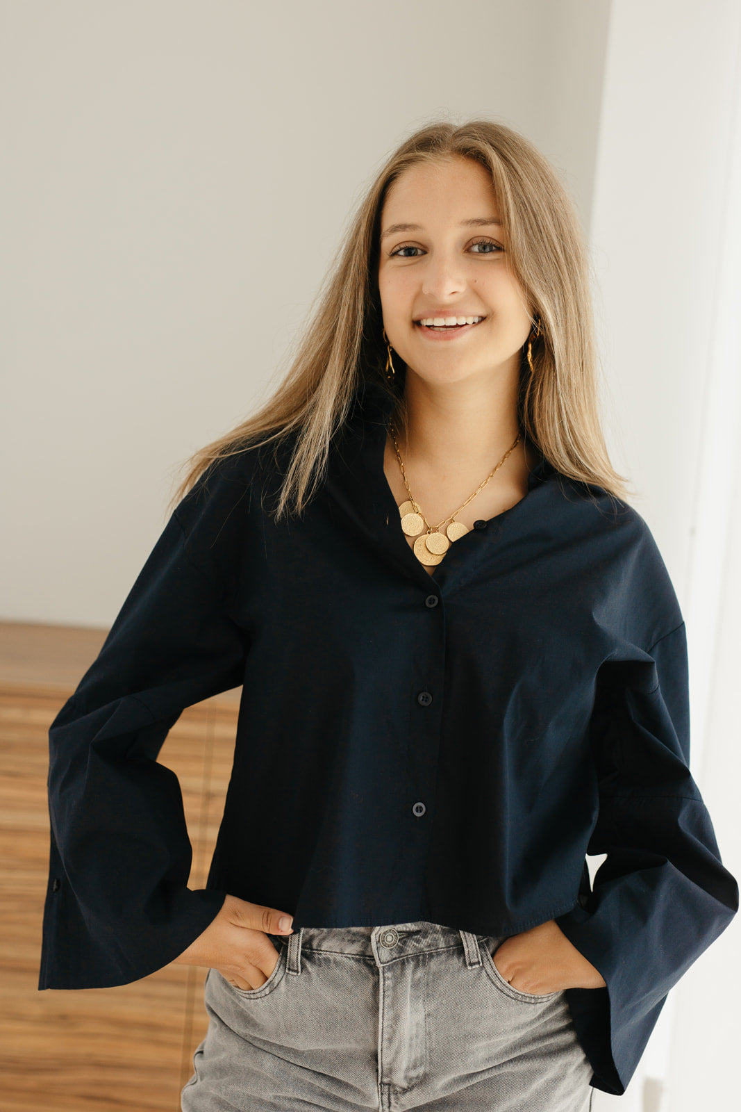 Marine cropped blouse dames – katoenen oversized model met wijde mouwen bij My Dressing