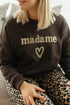 Chocoladebruine sweater dames – trui met goudkleurige MADAME opdruk bij My Dressing