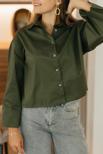 Kaki cropped blouse dames – katoenen oversized model met wijde mouwen bij My Dressing