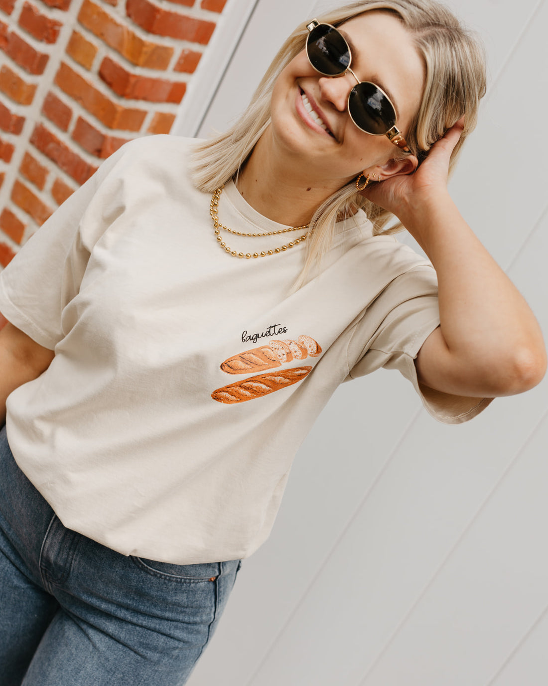 Beige dames T-shirt katoen – korte mouwen met baguette opdruk bij My Dressing