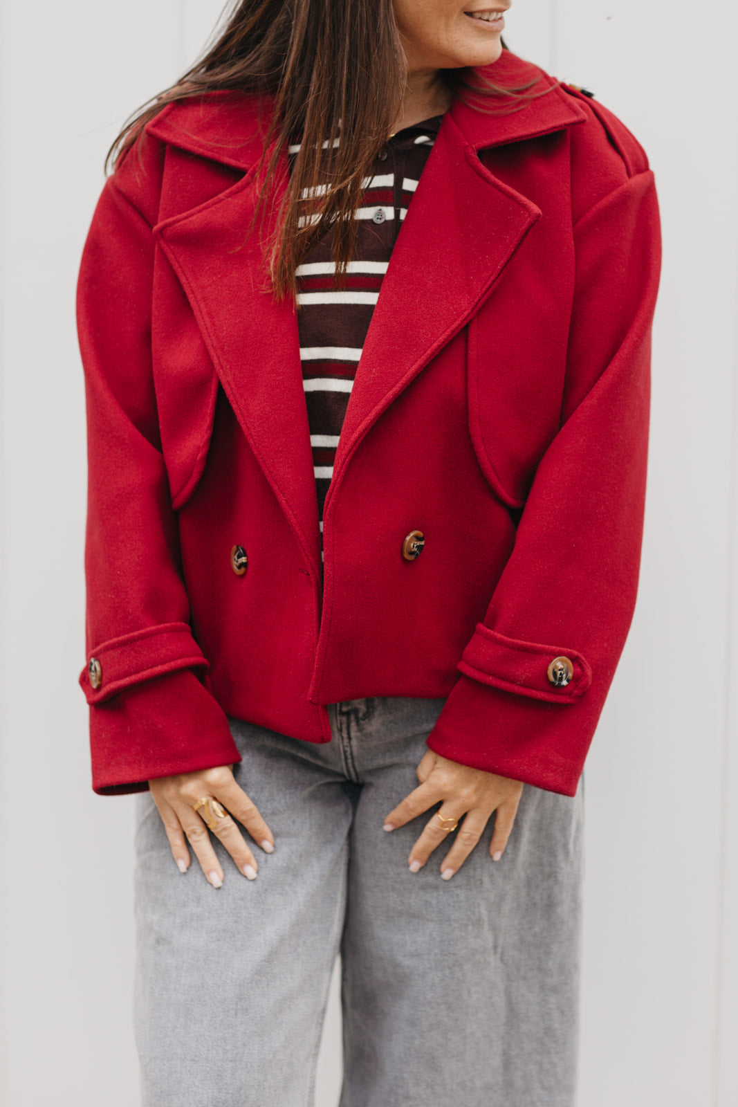 Cropped herfst jasje dames – stijlvolle double-breasted jas met wolvoering en korte snit bij My Dressing