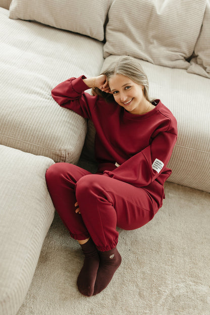 Comfy set dames – burgundy tweedelige outfit met lange mouwen trui en relaxte fit