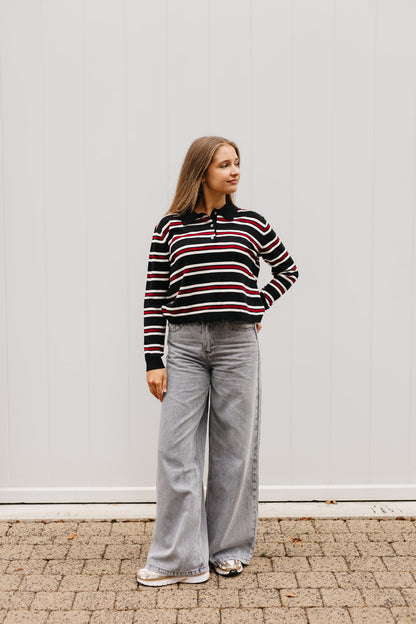 Dames polo zwart – stijlvolle trui met strepen in bordeaux en wit voor een classy look