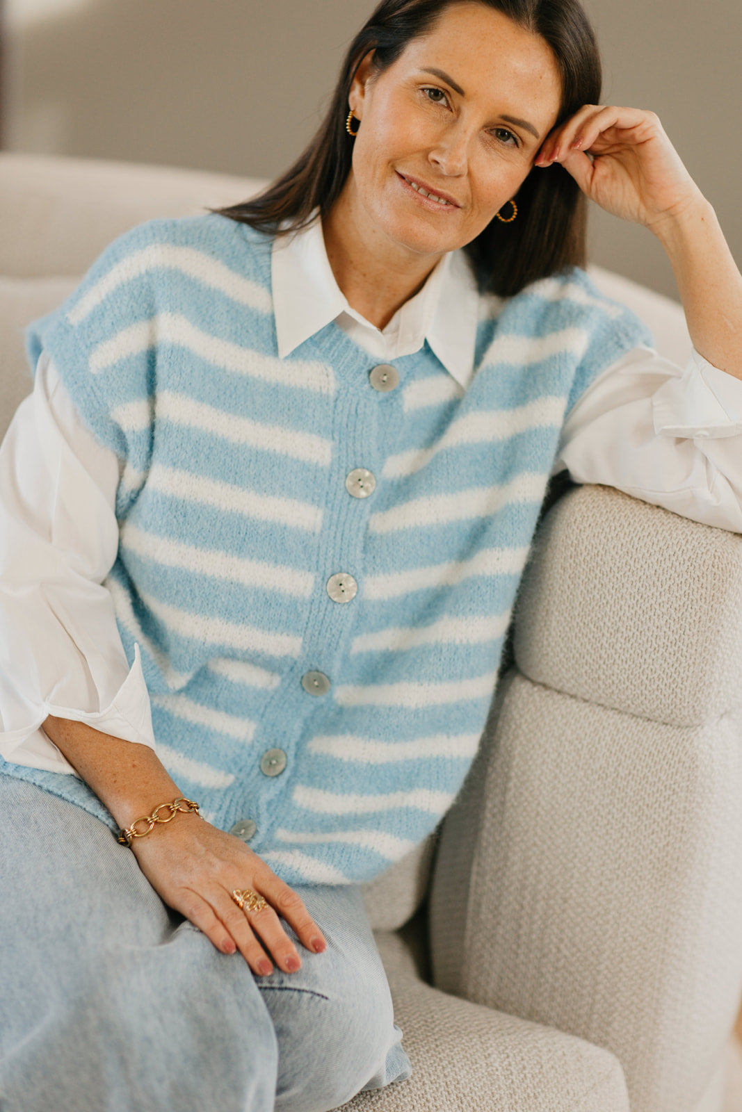 Blauw/wit gestreepte mouwloze gilet  My Dressing