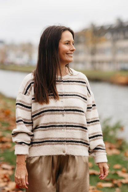 Ecru gestreepte cardigan kni