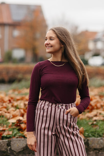 lange gestreepte jeans met roze en burgundy strepen