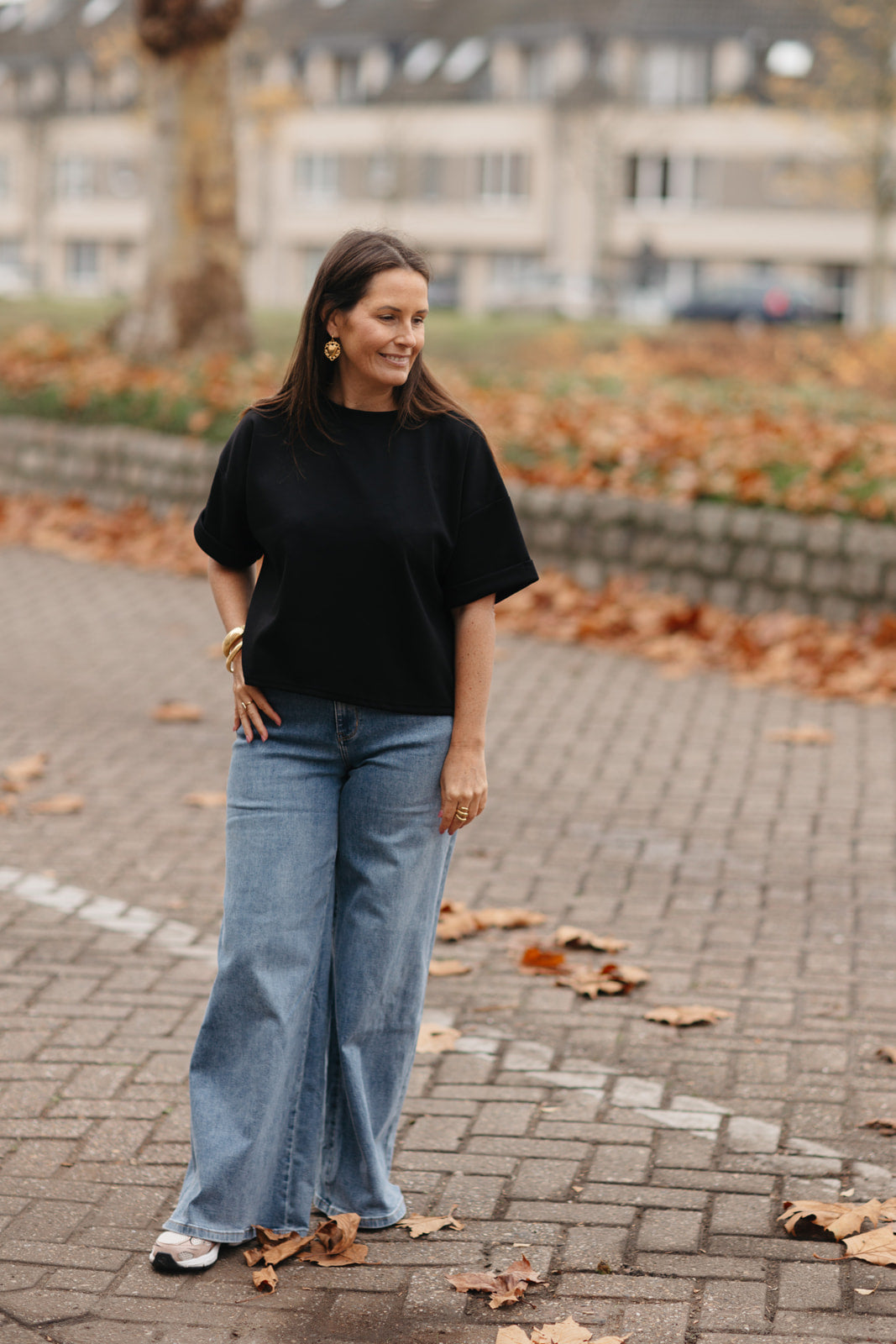 Casual outfit met blauwe palazzo jeans