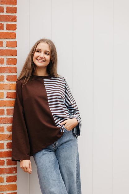 Oversized longsleeve bruin en gestreept – vooraanzicht
