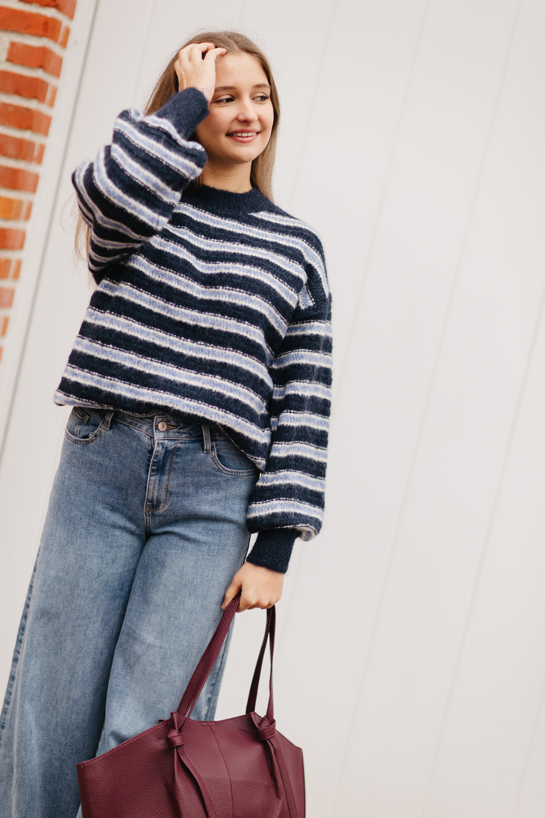 Marineblauw gestreepte knit met lange mouwen