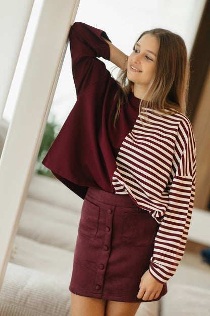 Oversized longsleeve burgundy en gestreept – vooraanzicht